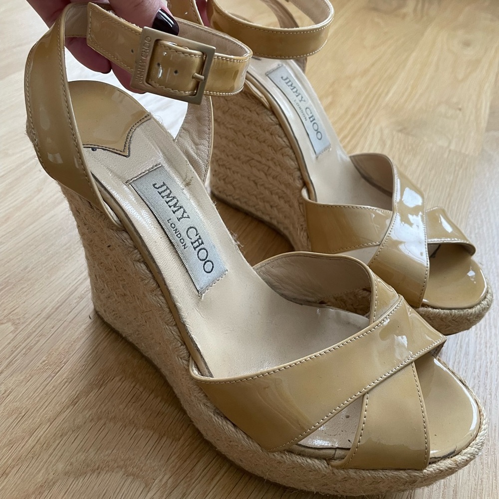 jimmy choo wedge espadrille with nude patent leather straps 4.5”